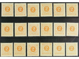 Sweden. Facit 40 ★ , 2 öre yellow, eighteen unused copies. Varieties? Mostly fine …