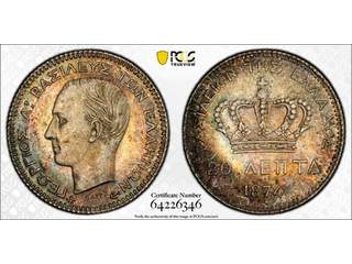 Grekland George I (1863-1913) 20 lepta 1874, UNC, PCGS MS65