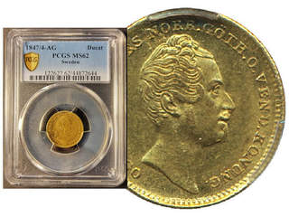 Coins, Sweden. Oskar I, MIS 5, 1 dukat 1847/4. Single finest graded by PCGS as MS62. 01/0.