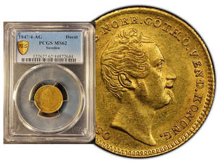 Coins, Sweden. Oskar I, MIS 5, 1 dukat 1847/4. Single finest graded by PCGS as MS62. 01/0.