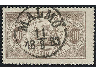 Sweden. Official Facit Tj21 used , 30 öre brown, perf 13. EXCELLENT cancellation MALMÖ …