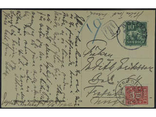 Sweden. Facit 144A cover , 10 öre on postcard sent insufficiently prepaid from BOLLNÄS …