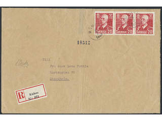 Sweden. Facit 344BB cover , 20 öre perf. on three sides in strip of three, on registered …
