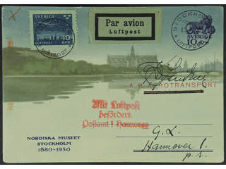 Sweden. Air mail cover Facit 231, bKe35 , 10 öre on postcard 10 öre, sent as air mail …