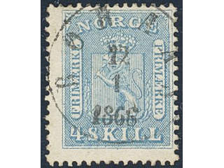 Norway. Facit 8Ba used , 1864 Coat-of-Arms 4 skilling blue, master stone 2. Beautiful …