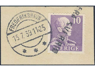 Sweden. Facit 269B on piece , 1939 Gustaf V small numerals 10 öre violet perf on 3 sides …