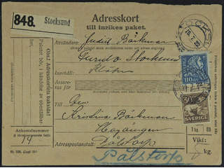 Sweden. Facit 154, 148A on cover, 30+110 öre on address card for parcel sent from …