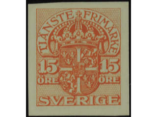 Sweden. Official Facit Tj33P (★), 15 öre with vm crown, colour proof in orange.