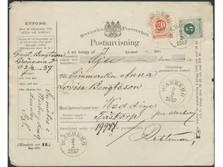 Sweden. Facit 43, 46 cover , 5+20 öre on money order with coupon sent from WARBERG …