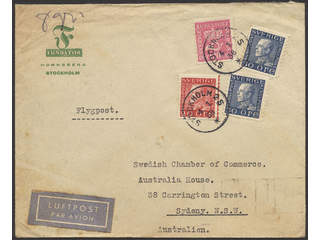 Sweden. Air mail cover Facit 172, 180, 185 , 20+2×30+120 öre on air mail cover sent from …