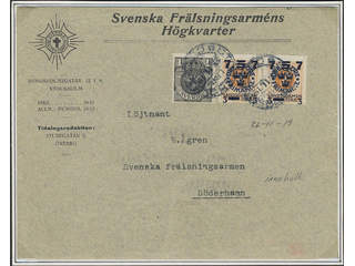 Sweden. Facit 126 cover , 1916 Landstorm III 7+3 / 5+FEM / 2 öre orange. Two copies …