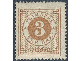 Sweden. Facit 17b ★ , 3 öre yellow-brown on smooth paper. Slightly short corner perf. …