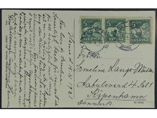 Sweden. Facit 140C cover , 3x5 öre on postcard sent from VÄSTERÅS 16.4.21 to Denmark.