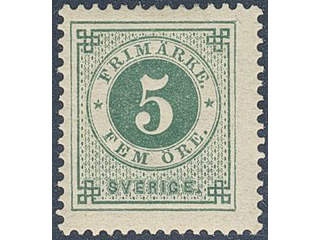 Sweden. Facit 43d ★★ , 5 öre dark green on yellowish paper. SEK 1500