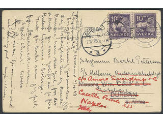 Sweden. Facit 145C cover, 2×10 (pair) on postcard sent from STOCKSUND 6.12.28 via …