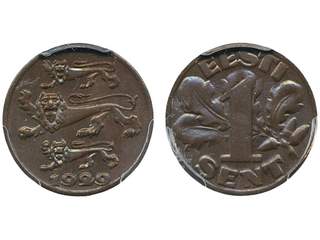 Coins, Estonia. KM 10, 1 sent 1929. Graded by PCGS as MS64 BN. XF-UNC.
