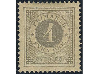 Sweden. Facit 29e ★, 4 öre deep grey-grey on calendered paper. Slightly yellowed. …