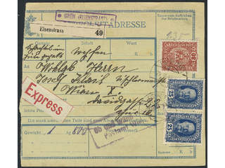 Austria. Michel 192, 197 cover , 2×25+80 h on address card for special delivery parcel …