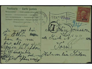 Sweden. Incoming stamped mail. USA. Insufficiently prepaid postcard sent from BROOKLYN …