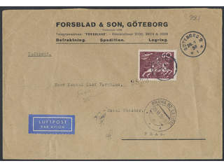 Sweden. Facit 221 cover , 60 öre, scarce single usage, on 2-fold air mail cover with …