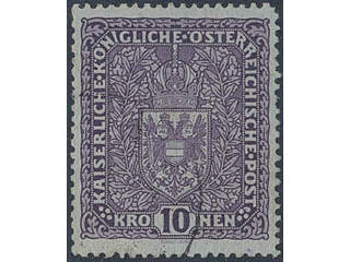 Austria. Michel 207 I used, 1917 Coat-of-arms 10 Kr dark brown-violet 25 × 30 mm. EUR 150