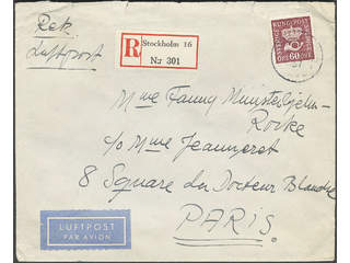 Sweden. Facit 163 cover , 60 öre on registered Air mail cover sent from STOCKHOLM 16 …
