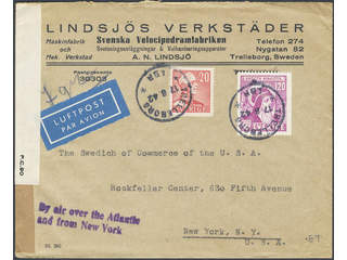 Sweden. Facit 336, 276 on cover, 20+120 öre on censored air mail cover sent from …