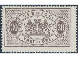 Sweden. Official Facit Tj8a ★, 30 öre deep brown, perf 14, blue-greyish paper. Very …