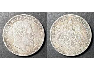 Tyskland - Württemberg Wilhelm II (1891-1918) 3 mark 1909 F, VF-XF