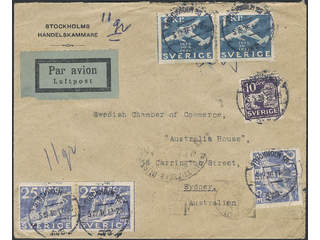 Sweden. Air mail cover Facit 146A, 250, 257 , 10+3x25 öre + 2x1 kr on air mail cover …