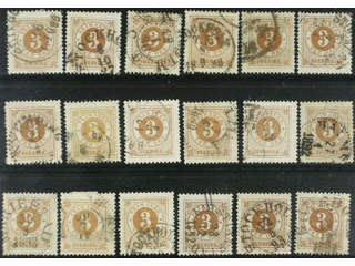 Sweden. Facit 41 used , 3 öre brown, eighteen used copies. Shades, varieties, …