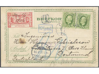 Sweden. Facit 52 cover , 2x5 öre on postcard sent from ORSA 2.1.1906 to Germany. Postage …