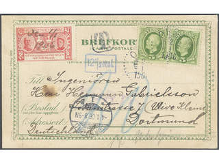 Sweden. Facit 52 cover , 2x5 öre on postcard sent from ORSA 2.1.1906 to Germany. Postage …
