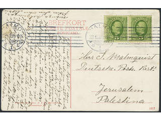 Sweden. Facit 52 cover , 2×5 öre on postcard sent from MALMÖ 23.1.09 to Palestine. …