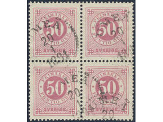 Sweden. Facit 48 used , 50 öre in block of four cancelled UMEÅ 20.1.1891.