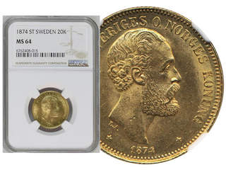 Coins, Sweden. Oskar II, MIS 1.4a, 20 kronor 1874. Graded MS64 by NGC. 01/0.