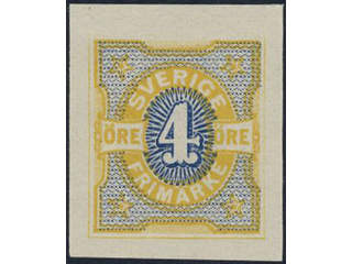 Sweden. Facit 64P (★), Colour proof of 4 öre lemon yellow and blue with huge margins and …