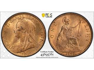 Storbritannien Queen Victoria (1837-1901) 1 penny 1899, AU/UNC full röd lyster PCGS MS63RD