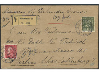 Sweden. Facit 159, 177A cover , 15+40 öre on insured cover sent from STOCKHOLM 21 …