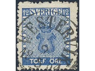 Sweden. Facit 9c2 used , 12 öre blue. EXCELLENT cancellation WESTERVIK 2.5.1864.