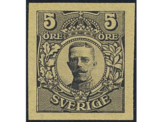 Sweden. Facit 75P (★), Proof, 5 öre black on yellow paper with wm crown. Superb.