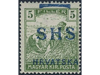 Yugoslavia. Michel 68 ★★, 1916 SHS overprint 5 f green with pale blue overprint variety. …