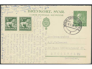 Sweden. Postal stationery, double postcard Facit bKd21, 143C , Reply part 10 öre …