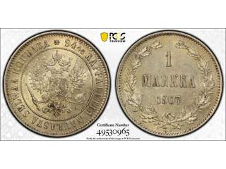 Finland Nicholas II (1894-1917) 1 markkaa 1907, 01, PCGS AU58