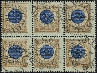 Sweden. Facit 49 used, 1 Krona brown/blue in block of six. Cancelled GÖTEBORG 1.10.95.
