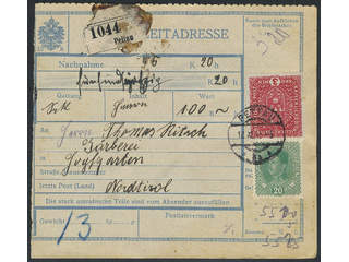 Austria. Michel 205 I, 222 cover , 3 Kr together with 20 h on address card for insured …