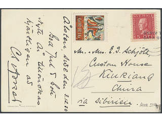 China, Incoming mail. Michel 177A on cover, 15 öre on postcard dated "ålsten, Sweden …