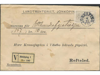 Sweden. Official Facit Tj23 , 50 öre on insured cover sent from JÖNKÖPING 4.11.1907 to …