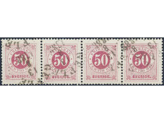 Sweden. Facit 48 used , 50 öre in strip of four cancelled GEFLE 13.8.1888.