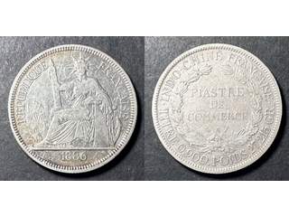 Franska Indokina 1 piastre 1886, VF-XF lätt rengjord